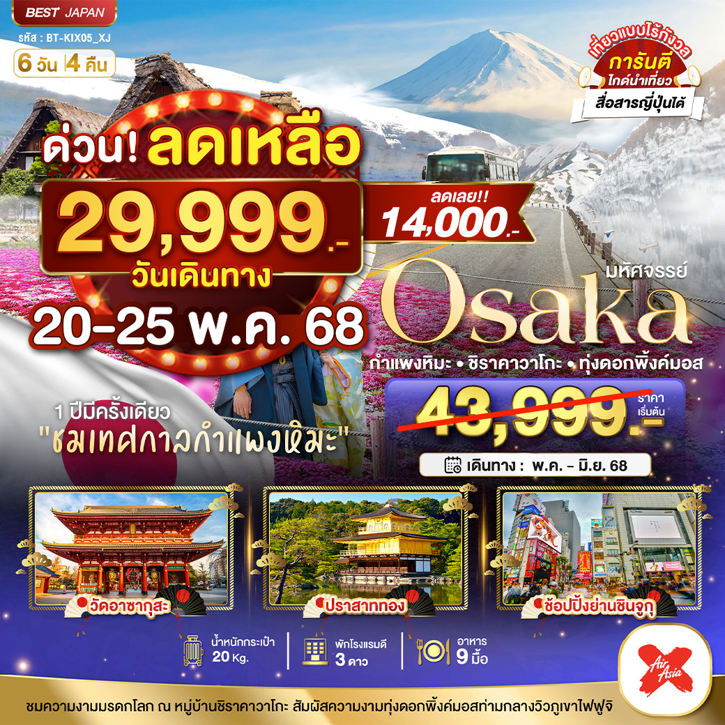 มหัศจรรย์...Osaka กำแพงหิมะ ชิราคาวาโกะ ทุ่งดอกพิ้งค์มอส 6 วัน 4 คืน