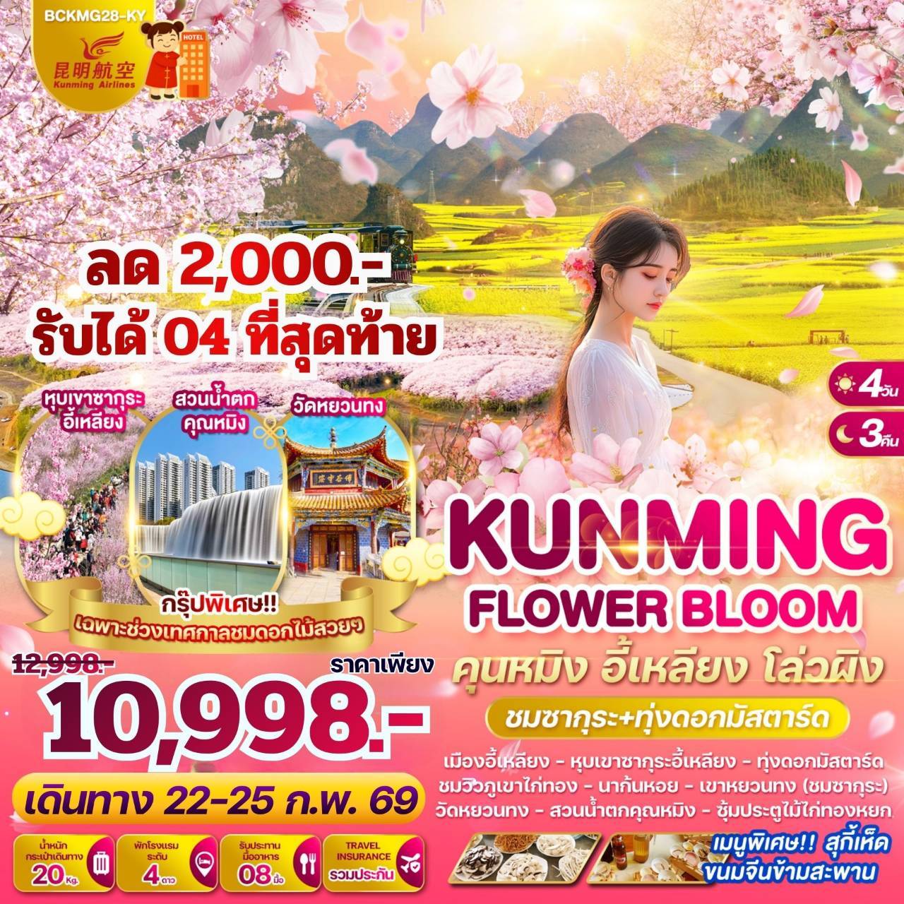 KUNMING FLOWER BLOOM คุนหมิง อี้เหลียง โล่วผิง 4 วัน 3 คืน (ชมซากุระ+ทุ่งดอกมัสตาร์ด)