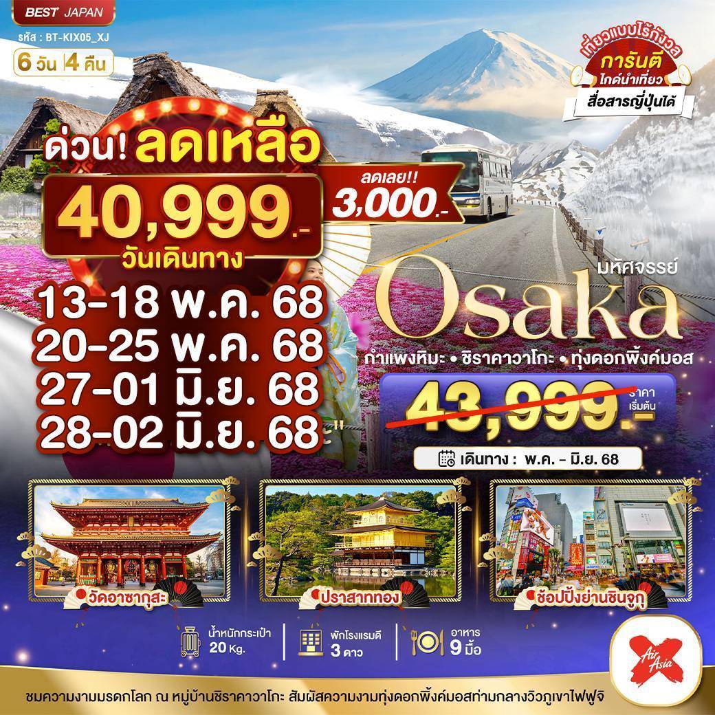 มหัศจรรย์...Osaka กำแพงหิมะ ชิราคาวาโกะ ทุ่งดอกพิ้งค์มอส 6 วัน 4 คืน