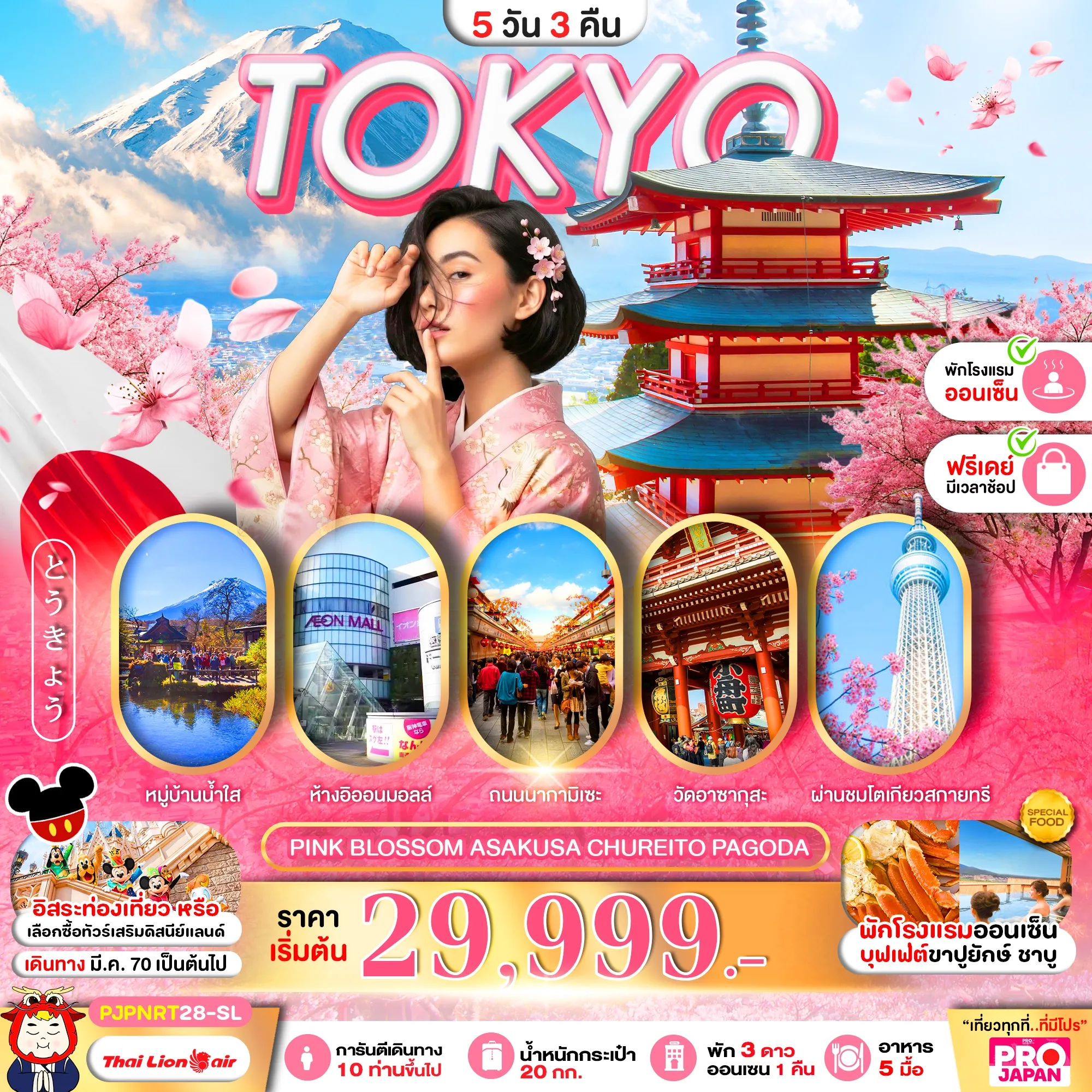ทัวร์ญี่ปุ่น  PRO TOKYO PINK BLOSSOM ASAKUSA CHUREITO PAGODA FREE DAY 5วัน 3คืน (SL)